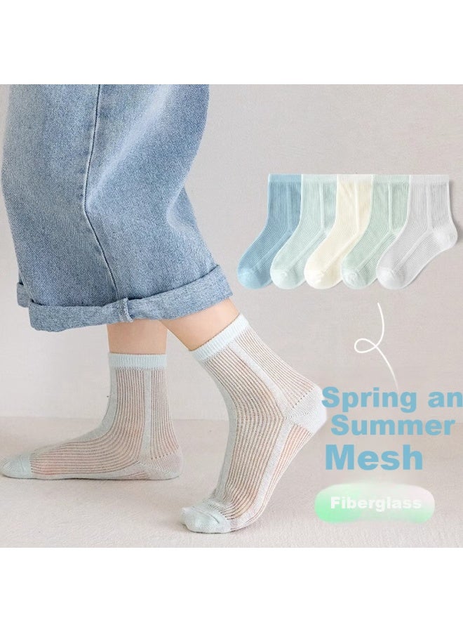 Yuzhaolin 5 Pairs Of Children's Socks Spring Summer Thin Cotton Mid-tube Youth Boys Boys Ice Silk Anti-odor Sports Mesh Socks - Image 2