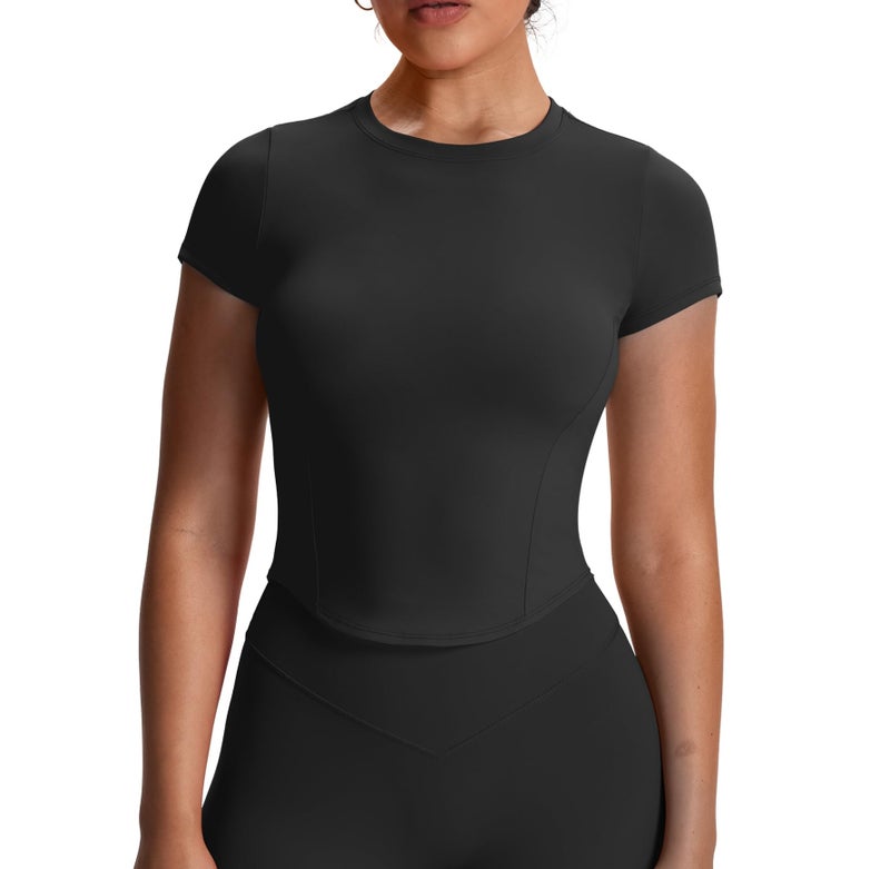 Aoxjox Womens Short Sleeve TShirts GEO Baby Tee Workout Gym Yoga Crop Top Without Builtin Bra Black Large - Image 2