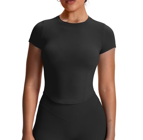 Aoxjox Womens Short Sleeve TShirts GEO Baby Tee Workout Gym Yoga Crop Top Without Builtin Bra Black Large - Image 1