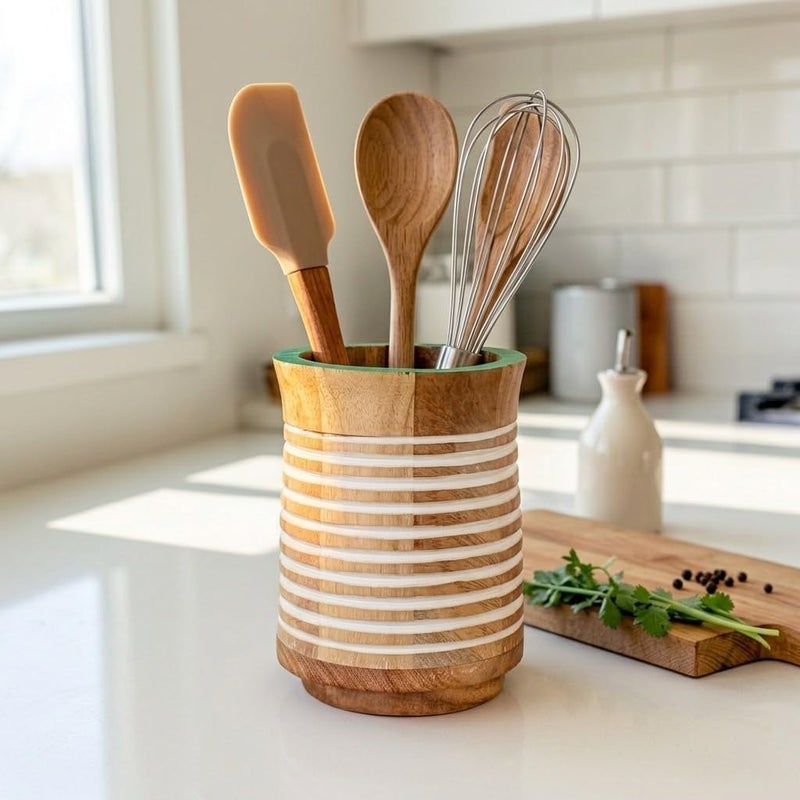 Cost saving user oriented build Cutlery Holder Utensils Organizer for Kitchen & Dining Table – 360° Rotating Stylish Handcrafted Wooden Spoon Stand / Cutlery Holder | Table Décor Cooking Tools Caddy (Style 1) Cleaner resistant - Image 1