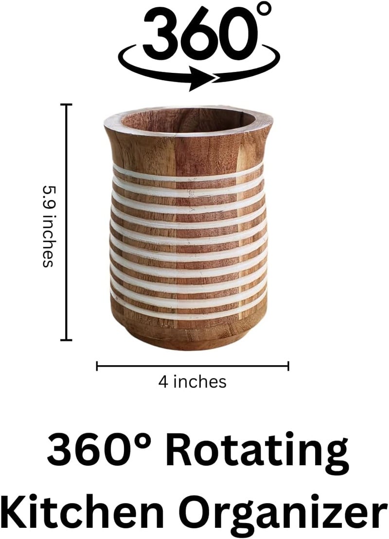 Cost saving user oriented build Cutlery Holder Utensils Organizer for Kitchen & Dining Table – 360° Rotating Stylish Handcrafted Wooden Spoon Stand / Cutlery Holder | Table Décor Cooking Tools Caddy (Style 1) Cleaner resistant - Image 2