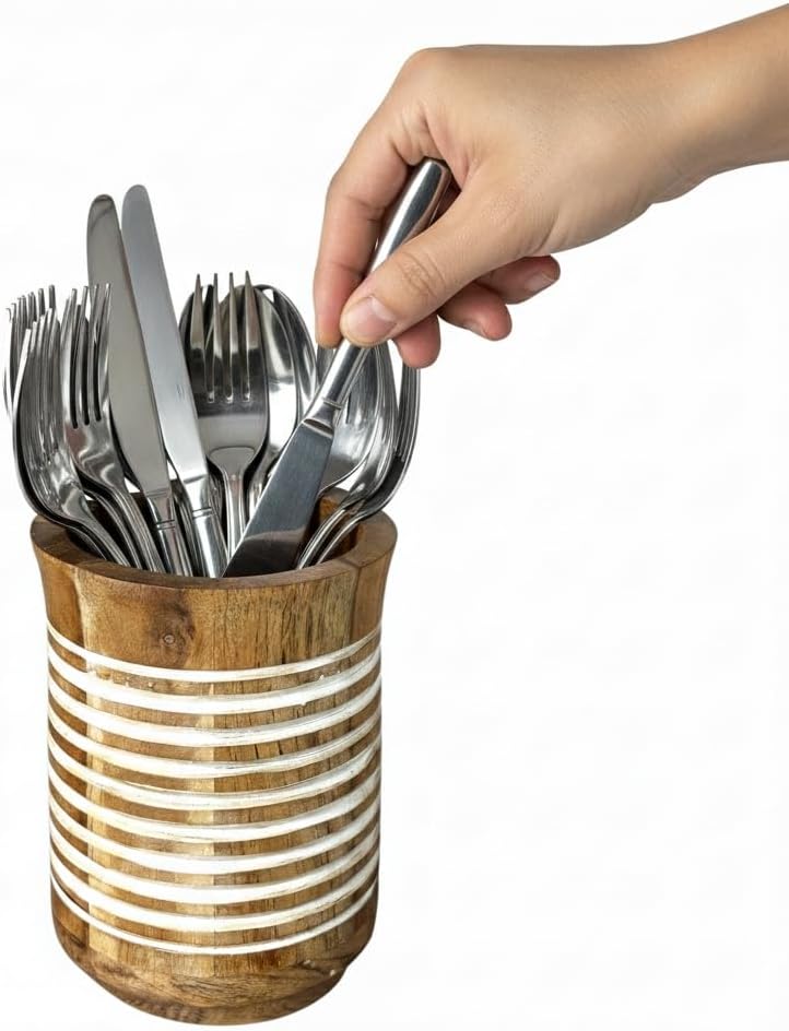 Cost saving user oriented build Cutlery Holder Utensils Organizer for Kitchen & Dining Table – 360° Rotating Stylish Handcrafted Wooden Spoon Stand / Cutlery Holder | Table Décor Cooking Tools Caddy (Style 1) Cleaner resistant - Image 3