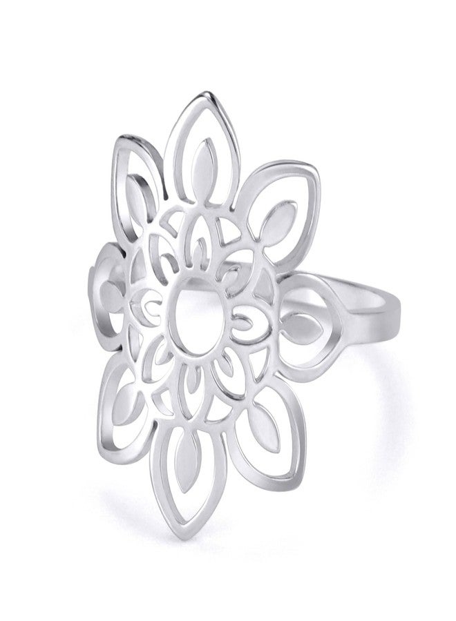 TEAMER Lotus Ring - Stainless Steel Hollow Lotus Ring - Simple Women's Jewelry (Silver, 9) - Image 1