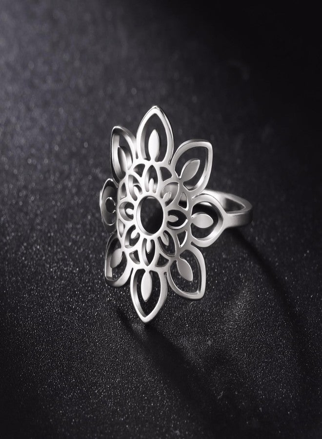 TEAMER Lotus Ring - Stainless Steel Hollow Lotus Ring - Simple Women's Jewelry (Silver, 9) - Image 5