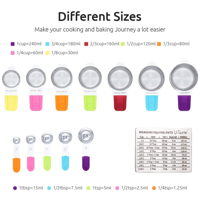 U-Taste Measuring Cups, U-Taste Magnetic Measuring Cups and Spoons Set of 13 in 18/8 Stainless Steel: 7 Measuring Cups and 5 Measuring Spoons with 1 Professional Magnetic Measurement Conversion Chart - Image 2