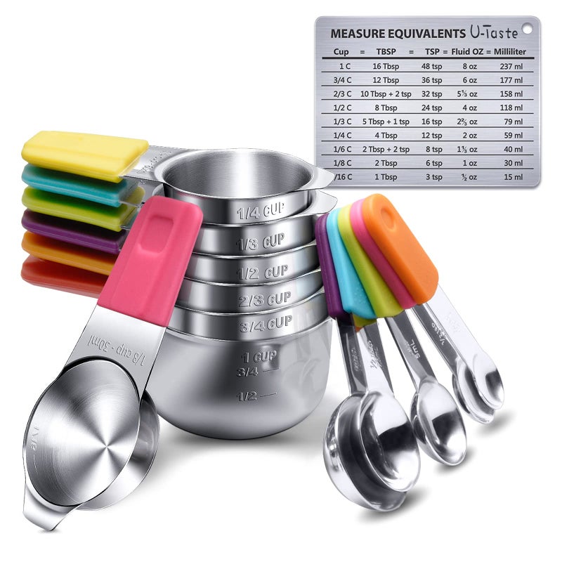 U-Taste Measuring Cups, U-Taste Magnetic Measuring Cups and Spoons Set of 13 in 18/8 Stainless Steel: 7 Measuring Cups and 5 Measuring Spoons with 1 Professional Magnetic Measurement Conversion Chart - Image 1