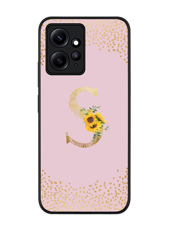 Stylizedd حافظة سوداء متينة لهاتف Redmi Note 12 4G - غلاف مرن من المطاط مع حواف مضادة للسقوط - تصميم مخصص بنمط زهور - حرف - S - وردي - Image 1