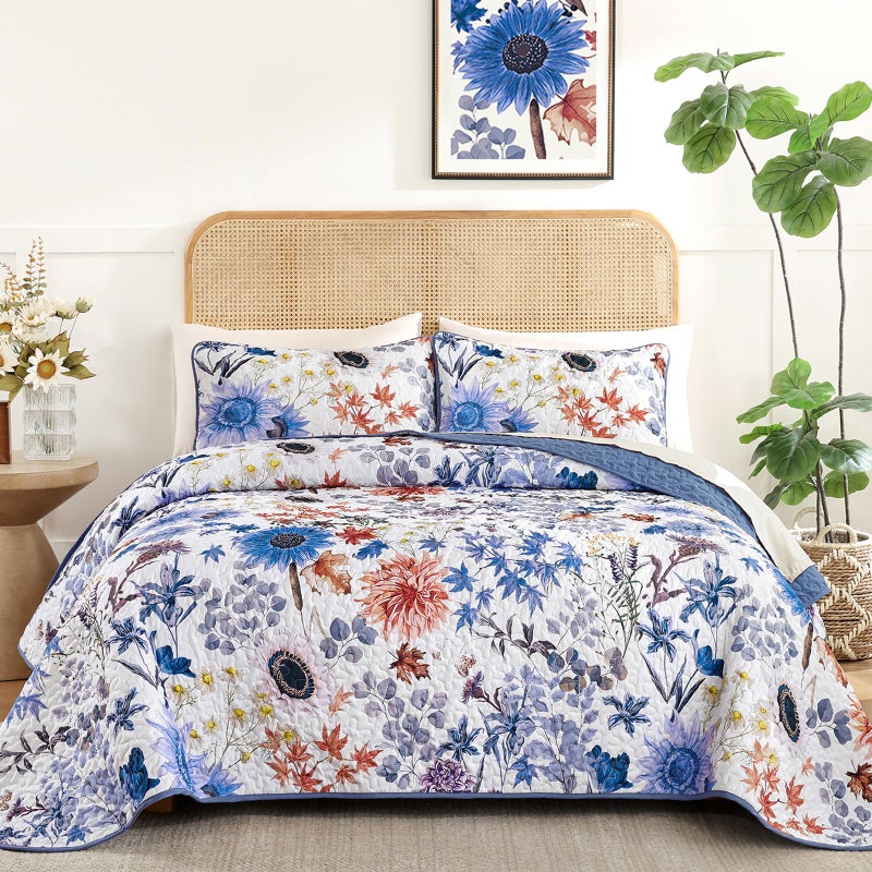 Yiran Blue Floral Quilt Set King Size, Spring Summer Sunflower Botanical Bedspread Bedding Set, 3 Pieces Soft Lightweight Microfiber Coverlet with 2 Pillow Shams for All Season 106x90 Inch - Image 1