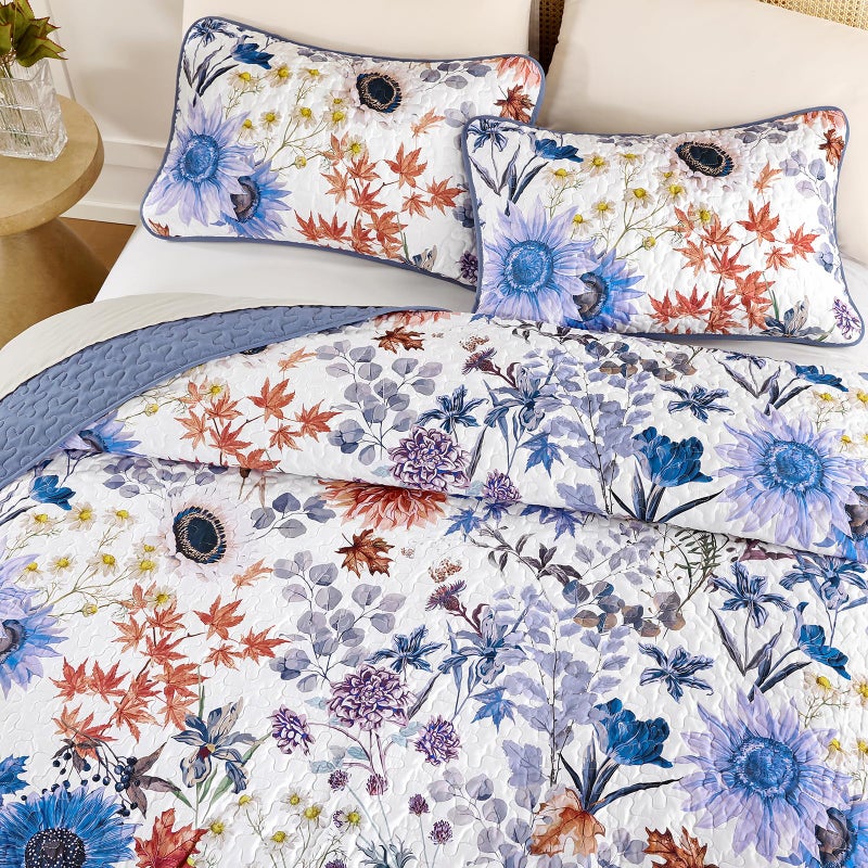Yiran Blue Floral Quilt Set King Size, Spring Summer Sunflower Botanical Bedspread Bedding Set, 3 Pieces Soft Lightweight Microfiber Coverlet with 2 Pillow Shams for All Season 106x90 Inch - Image 3