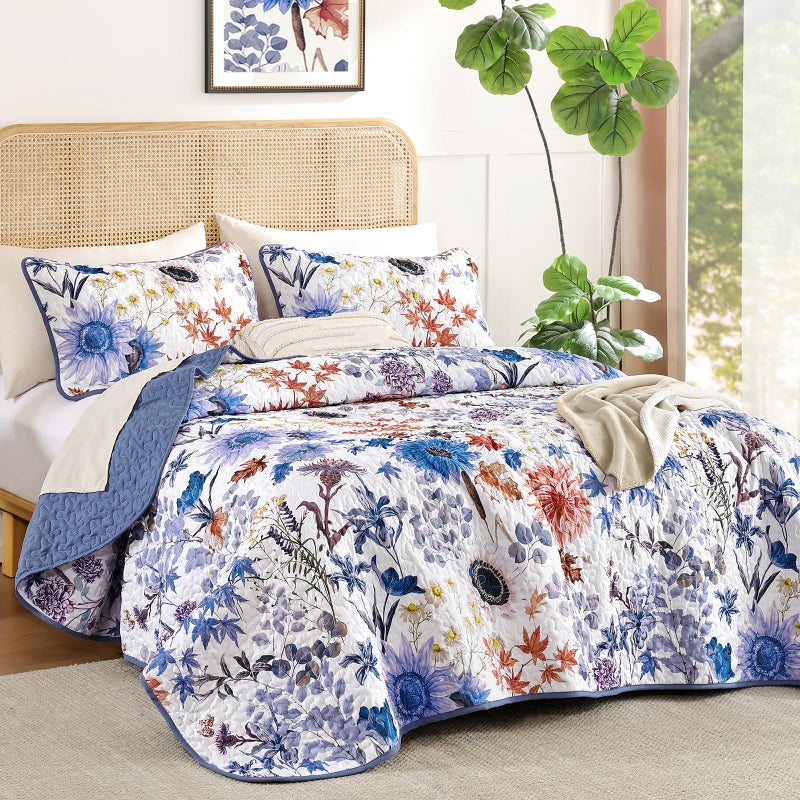 Yiran Blue Floral Quilt Set King Size, Spring Summer Sunflower Botanical Bedspread Bedding Set, 3 Pieces Soft Lightweight Microfiber Coverlet with 2 Pillow Shams for All Season 106x90 Inch - Image 2