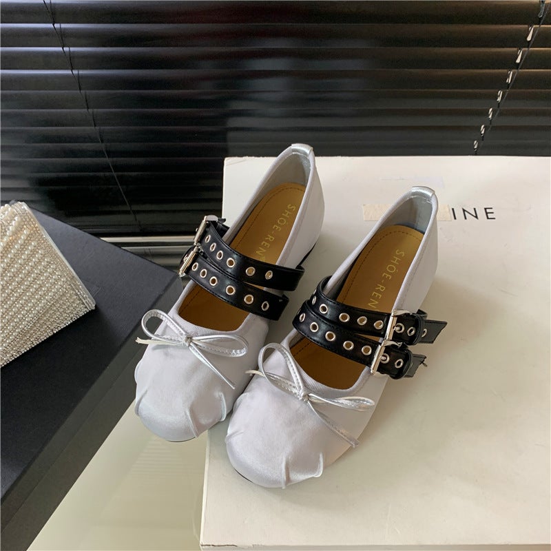 Inner Height-Increasing Satin Mary Jane Shoes, 2024 Autumn French Evening Style Ballet Shoes, Round Toe, Fashionable And Casual - Image 1