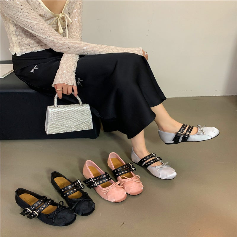 Inner Height-Increasing Satin Mary Jane Shoes, 2024 Autumn French Evening Style Ballet Shoes, Round Toe, Fashionable And Casual - Image 2
