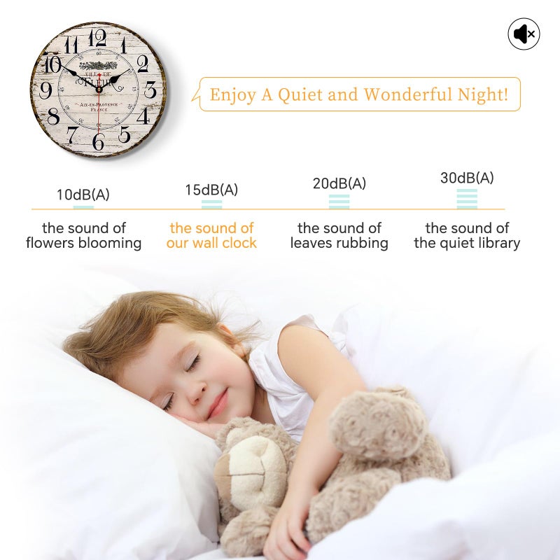 Toudorp 14 Inch Retro Vintage French Country Style Round Wooden Wall Clock Silent Battery Operated Non-Ticking Decorative Clock for Kitchen Farmhouse Bedroom Home Wall - Image 5