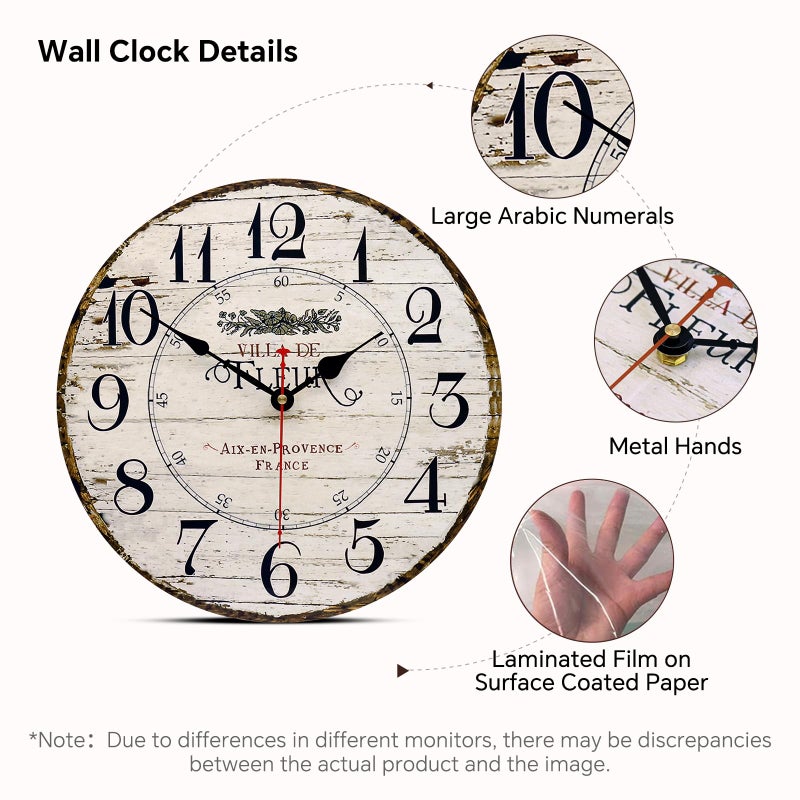 Toudorp 14 Inch Retro Vintage French Country Style Round Wooden Wall Clock Silent Battery Operated Non-Ticking Decorative Clock for Kitchen Farmhouse Bedroom Home Wall - Image 3