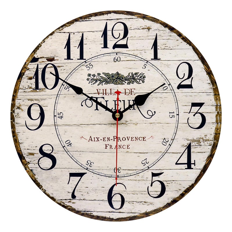 Toudorp 14 Inch Retro Vintage French Country Style Round Wooden Wall Clock Silent Battery Operated Non-Ticking Decorative Clock for Kitchen Farmhouse Bedroom Home Wall - Image 1