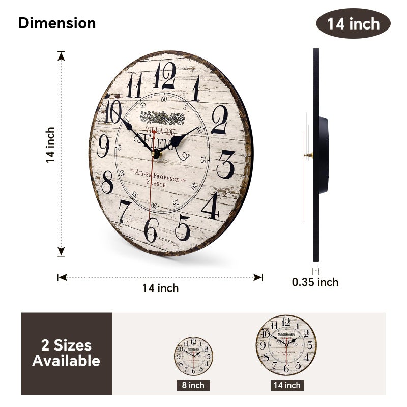 Toudorp 14 Inch Retro Vintage French Country Style Round Wooden Wall Clock Silent Battery Operated Non-Ticking Decorative Clock for Kitchen Farmhouse Bedroom Home Wall - Image 2