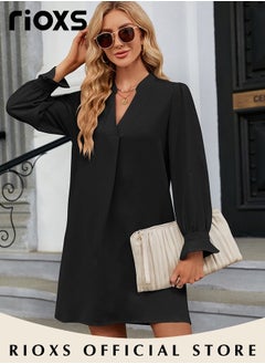 RIOXS Women's V-neck Long Sleeves Dress Ice Silk Tunic Dress A-Line Skirt Flounces Loose Ruffle Tiered Dress Solid Flowy Shift Dresses For Business Work  - Image 5