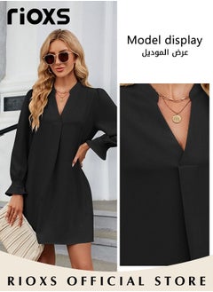 RIOXS Women's V-neck Long Sleeves Dress Ice Silk Tunic Dress A-Line Skirt Flounces Loose Ruffle Tiered Dress Solid Flowy Shift Dresses For Business Work  - Image 3