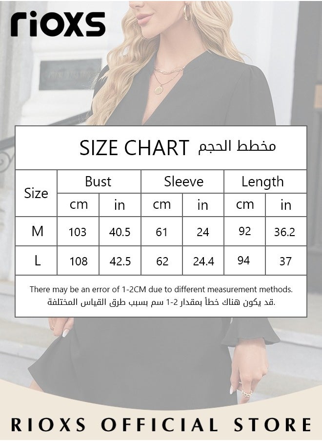 RIOXS Women's V-neck Long Sleeves Dress Ice Silk Tunic Dress A-Line Skirt Flounces Loose Ruffle Tiered Dress Solid Flowy Shift Dresses For Business Work  - Image 4