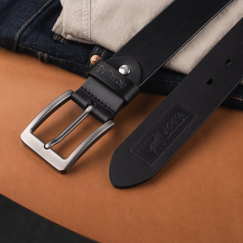 Buffway Leather Belt for Men - Durable Full Grain Men's Belt 1.5", Versatile for Daily Use, with Gift Box- 38” Black - Image 5