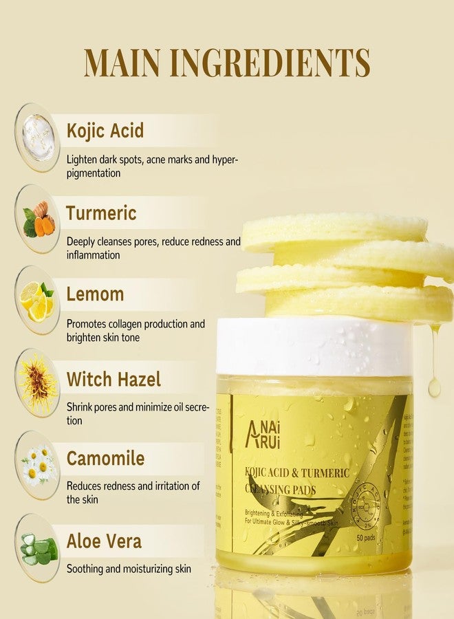 ANAI RUI Turmeric Kojic Acid Exfoliating Cleansing Pads, Deep Cleansing Brightening Pads, Exfoliating Scrub Pad for Face and Body, Acne Treatment, Skin Tone Evening,50 PCS - Image 2