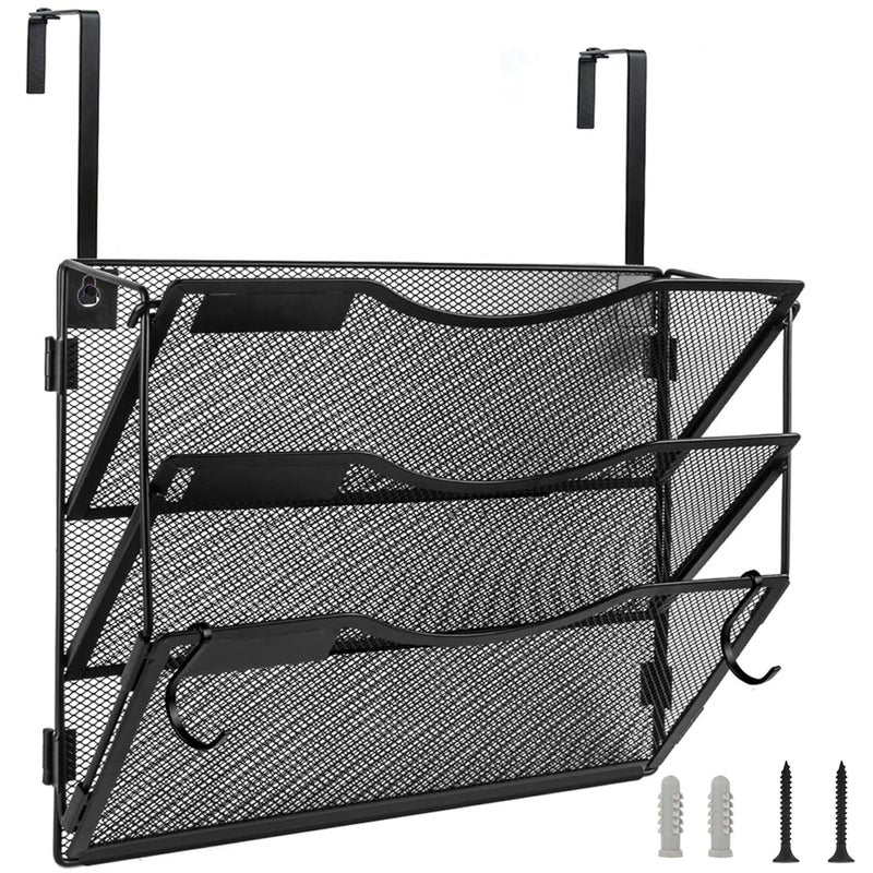 BOHDK Wall File Organizer 3 Pockets Mail Organizer Hanging Folder Holder Foldable Hanging or Wall Mounted Label Panel 2 Hooks Office Home School Organizer Black
