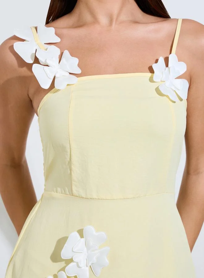 Styli  Yellow Strappy Maxi Dress with Floral Applique for Women | Best Price UAE