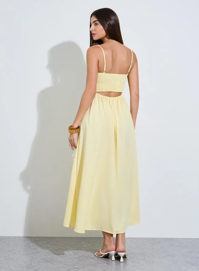 Styli  Yellow Strappy Maxi Dress with Floral Applique for Women | Best Price UAE