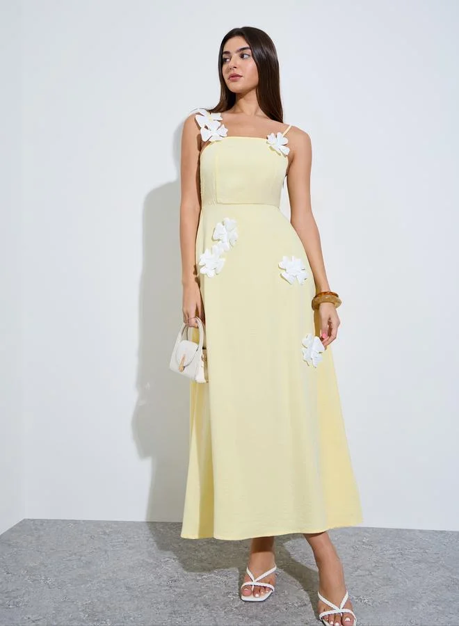 Styli Yellow Strappy Maxi Dress with Floral Applique