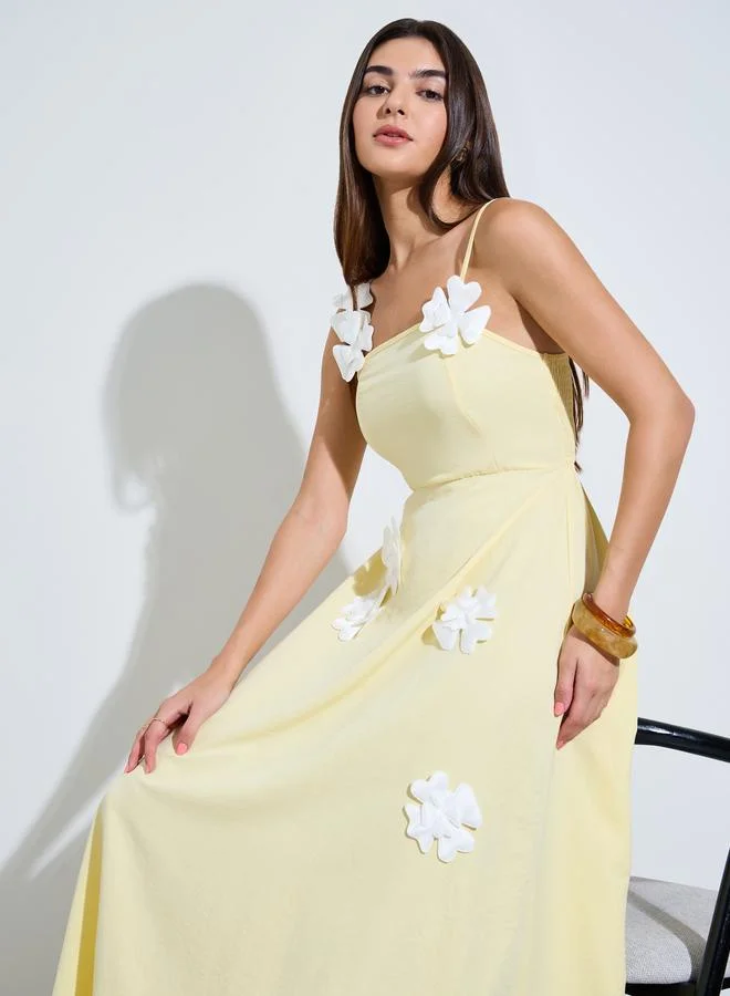 Styli Yellow Strappy Maxi Dress with Floral Applique