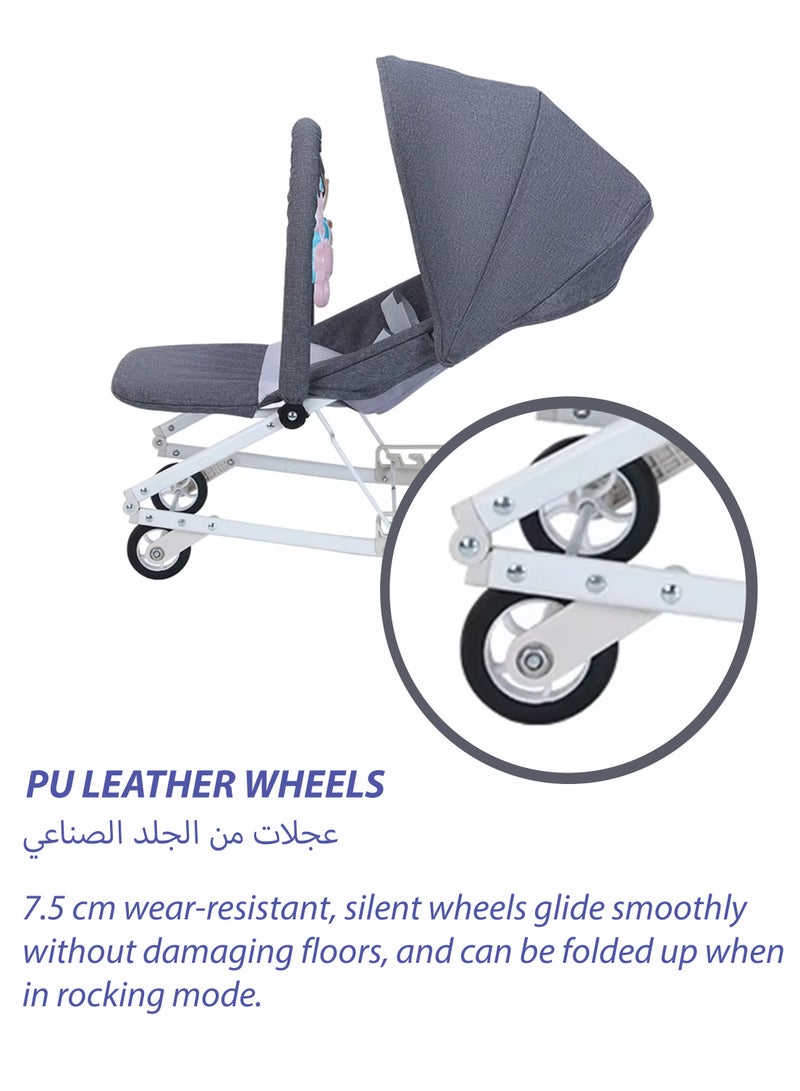 Toshionics 2 in 1 Baby Rocker with Wheels Adjustable Sun Shade and 3-Level Reclining Seat Hanging Toys Removable Pillow and Safety Belt for Babies 0 to 2 Years Old Boys and Girls Easy to Carry Foldable and Lightweight Rocking Chair with Wheels  - Image 3