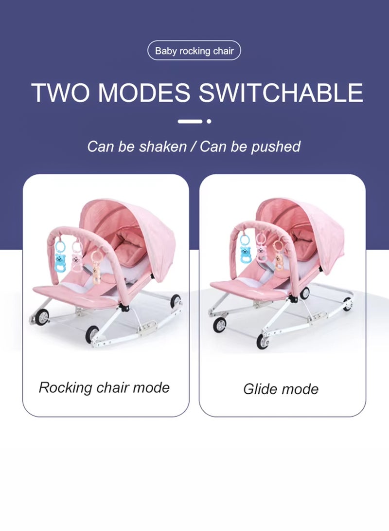 Toshionics 2 in 1 Baby Rocker with Wheels Adjustable Sun Shade and 3-Level Reclining Seat Hanging Toys Removable Pillow and Safety Belt for Babies 0 to 2 Years Old Boys and Girls Easy to Carry Foldable and Lightweight Rocking Chair with Wheels  - Image 5