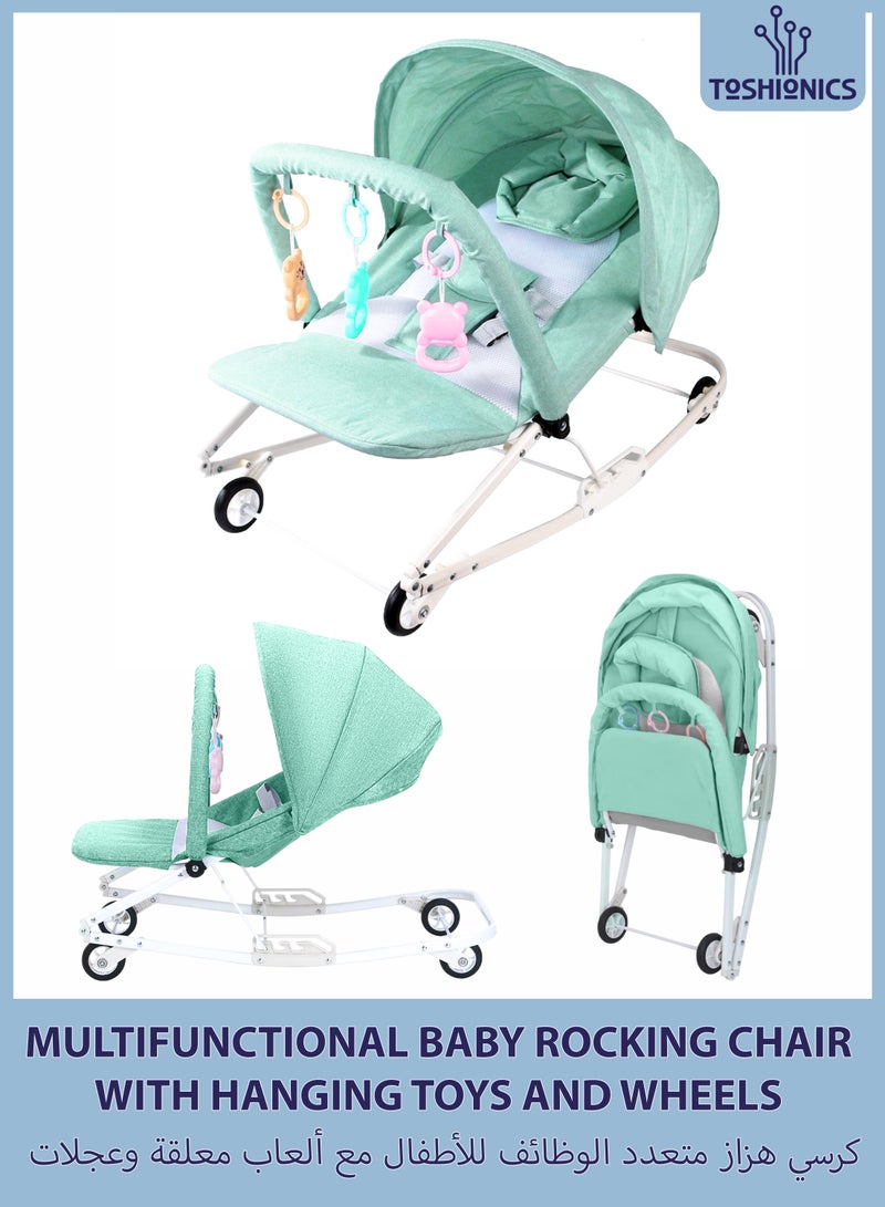 Toshionics 2 in 1 Baby Rocker with Wheels Adjustable Sun Shade and 3-Level Reclining Seat Hanging Toys Removable Pillow and Safety Belt for Babies 0 to 2 Years Old Boys and Girls Easy to Carry Foldable and Lightweight Rocking Chair with Wheels  - Image 1