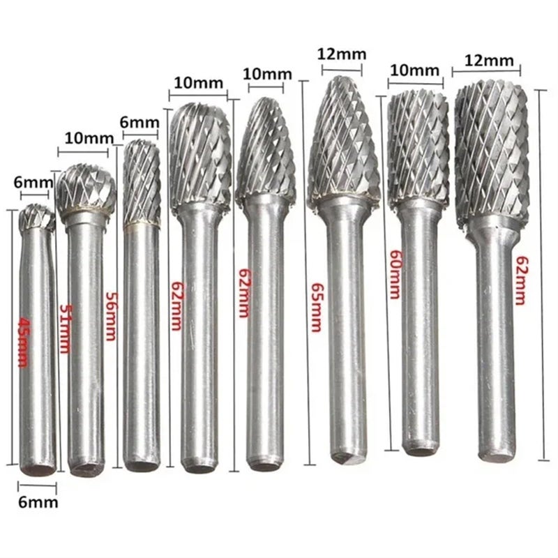 Tungsten Carbide Rotary Burr Bits Set 8pcs 6mm To 12mm Head 6mm Shank - Image 3