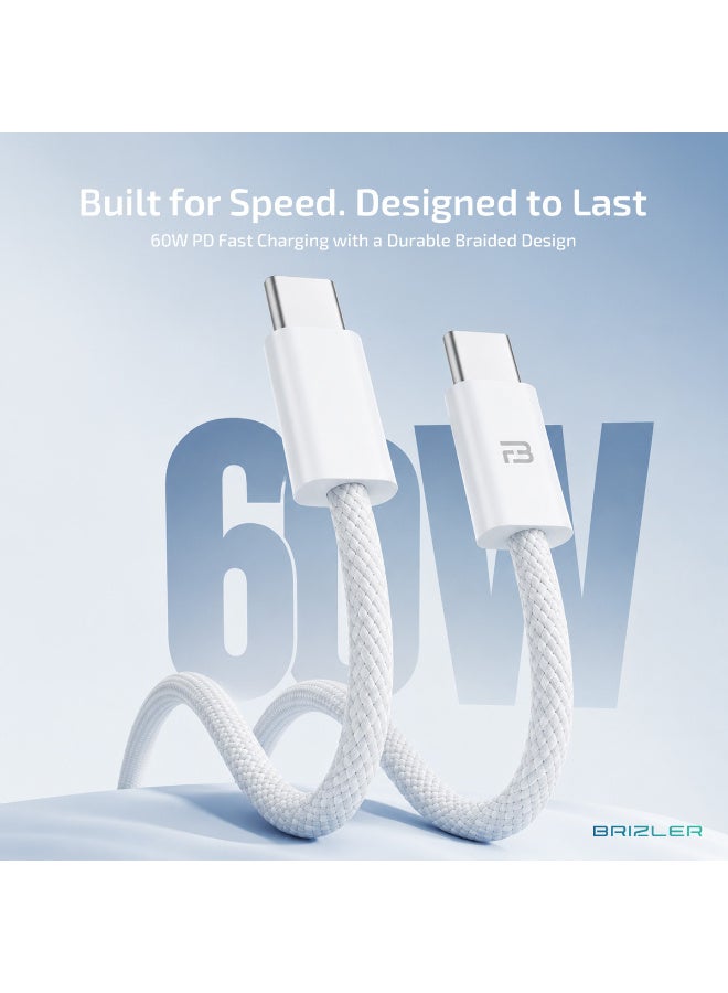 BRIZLER 60W Type-C to Type-C Braided Fast Charging Cable | 1M Durable Data Cord, High-Speed Sync, Reversible USB-C Connectors for Laptops, Tablets & Smartphones - White - Image 3