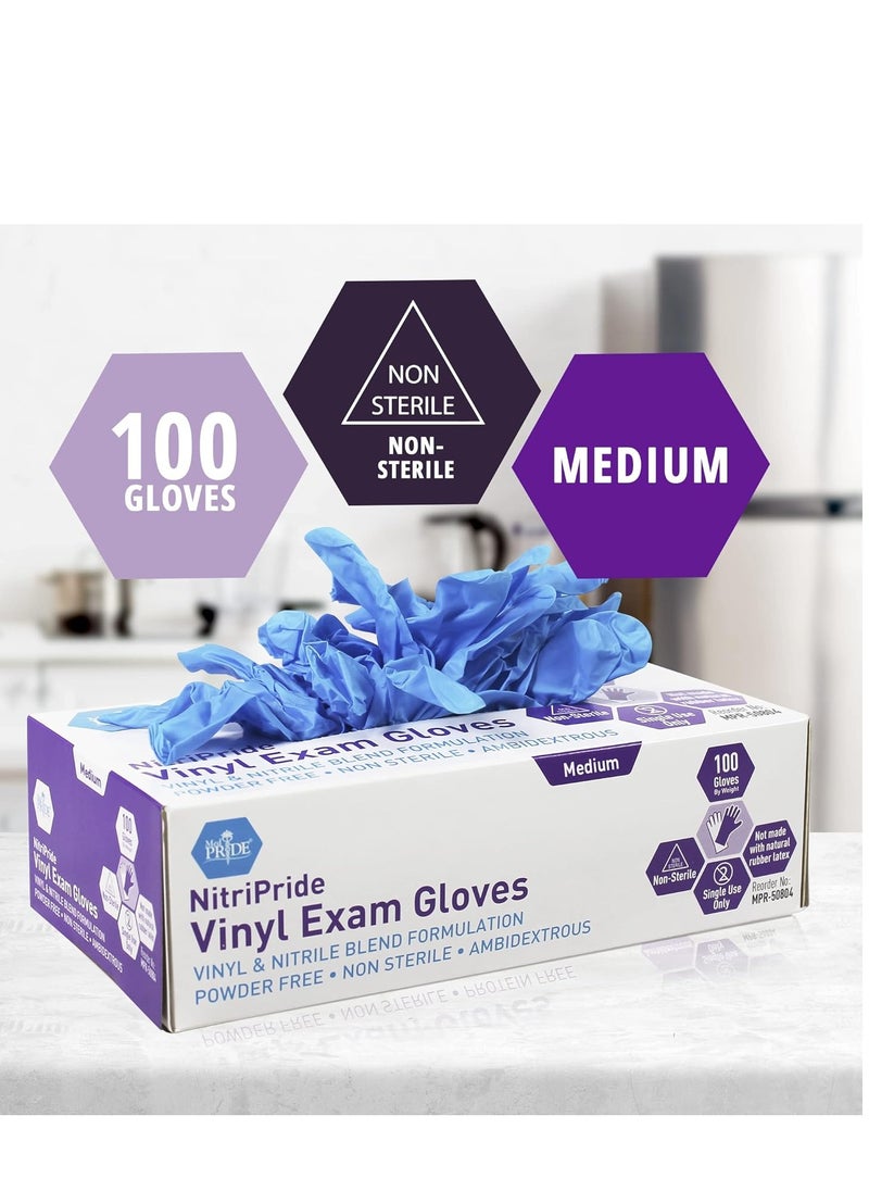 Medpride - MED PRIDE NitriPride Nitrile-Vinyl Blend Exam Gloves, Medium 100 - Powder Free, Latex Free & Rubber Free - Single Use Non-Sterile Protective Gloves for Medical Use, Cooking, Cleaning & More - Image 1
