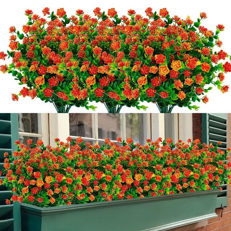 TEMCHY 24 Bundles Outdoor Artificial Fake Flowers No Fade UV Resistant Faux Plastic Plants for Hanging Planter Patio Yard Wedding Indoor Home Kitchen Farmhouse Dcor Orange Red