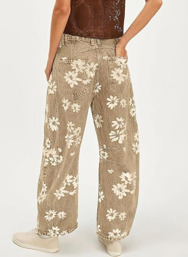 ebossy Women's Retro Floral Print Barrel Jeans Mid Rise Wide Leg Baggy Boyfriend Horseshoe Denim Pants, Khaki, S - Image 2