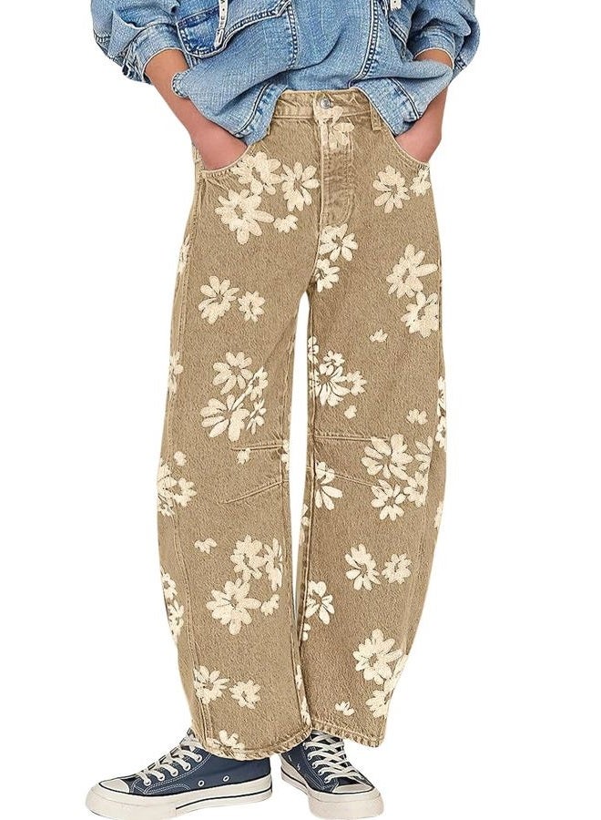 ebossy Women's Retro Floral Print Barrel Jeans Mid Rise Wide Leg Baggy Boyfriend Horseshoe Denim Pants, Khaki, S - Image 1