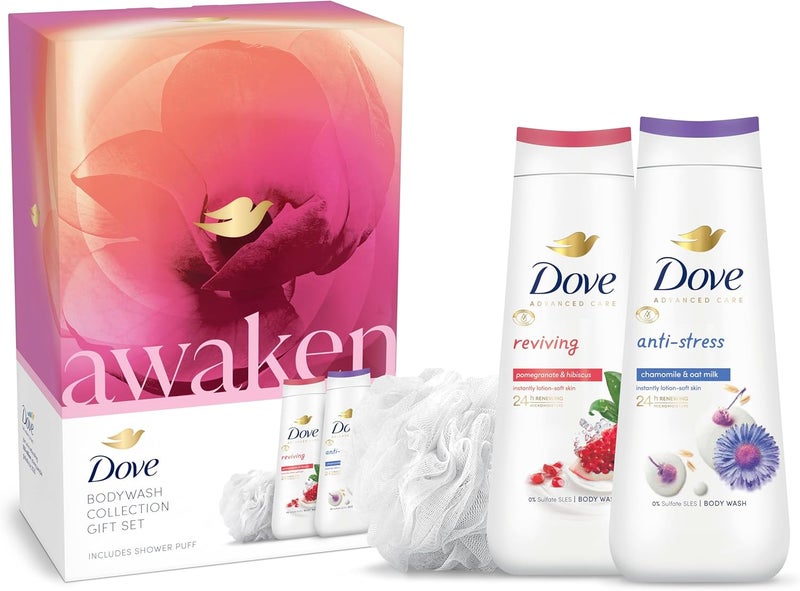 Dove Awaken 2 piece Gift Set for her with Body Wash Shower Gel a luxury shower puff