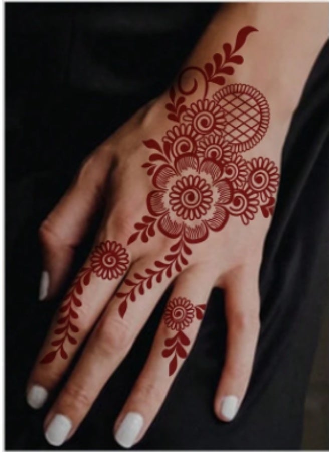 Ucanbe 5pcs Red Henna Hand Tattoo Stickers – Lace-Style Spray Paint Look, Waterproof & Long-Lasting Temporary Tattoos for Women - Image 2