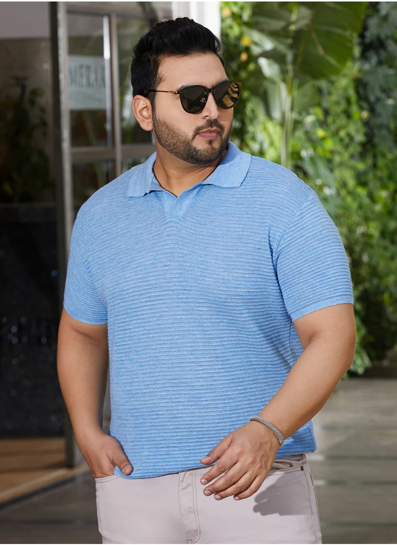 Instafab Plus Instafab Plus Men's Blue Horizontal-Textured Polo T-Shirt For Casual Wear | Polo Neck | Short Cuffed Sleeves | Pull On Closure | Plus Size T-shirt Crafted With Comfort Fit For Everyday Wear