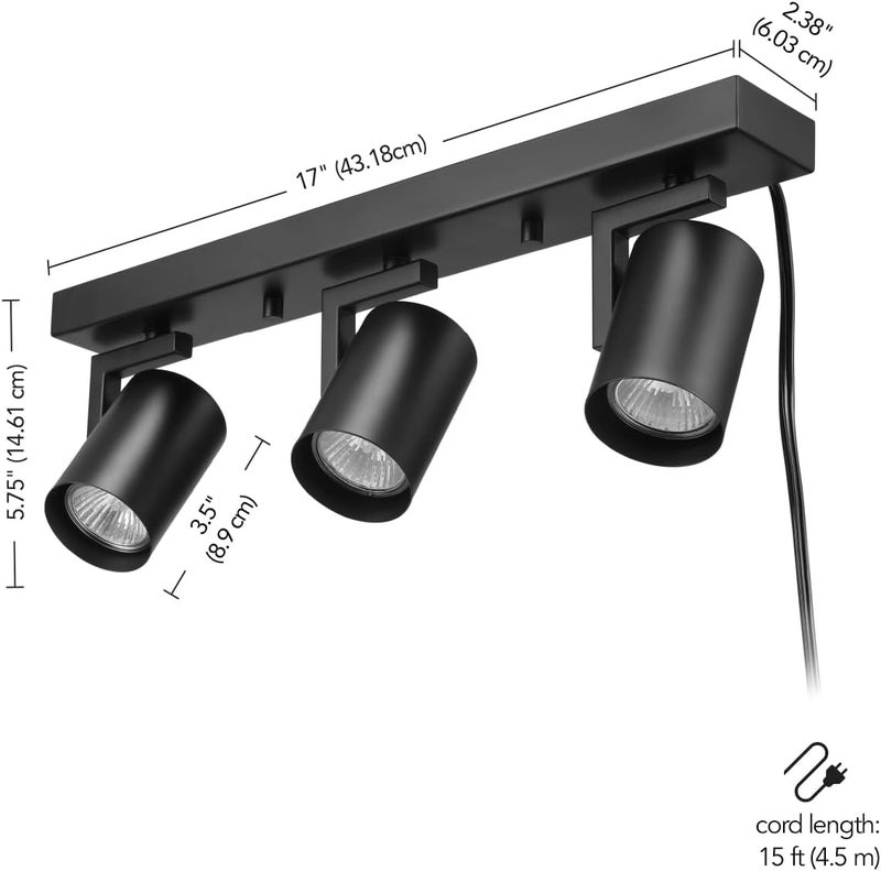 Globe Electric 64000164 17" 3-Light Plug-in Track Lighting, Matte Black, 15 Foot Cord, in-Line On/Off Rocker Switch, Pivoting Track Heads, Ceiling Light, Home Improvement - Image 4