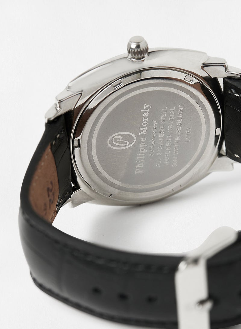 Philippe Moraly ساعة يد تناظرية بحزام جلدي L1157WWB - 42 مم - أسود - Image 3