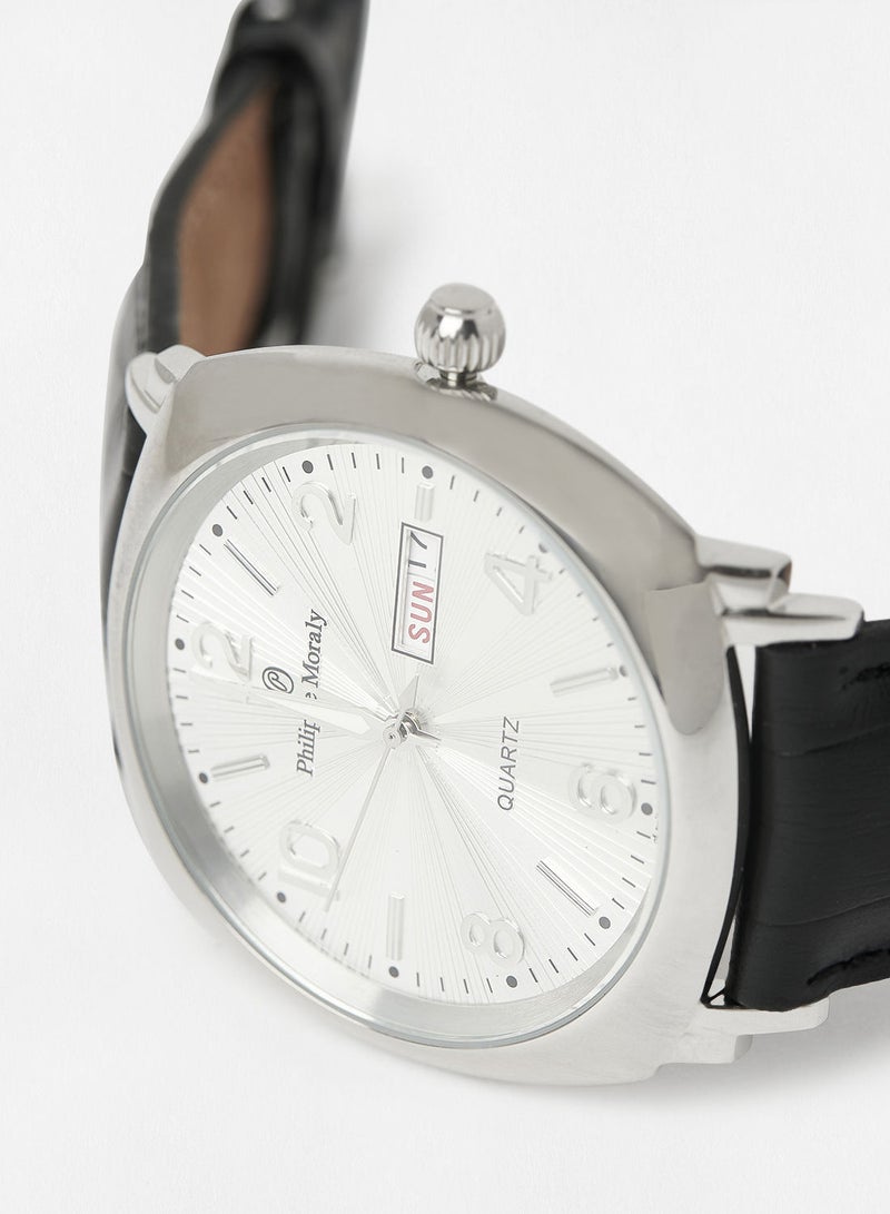 Philippe Moraly ساعة يد تناظرية بحزام جلدي L1157WWB - 42 مم - أسود - Image 2