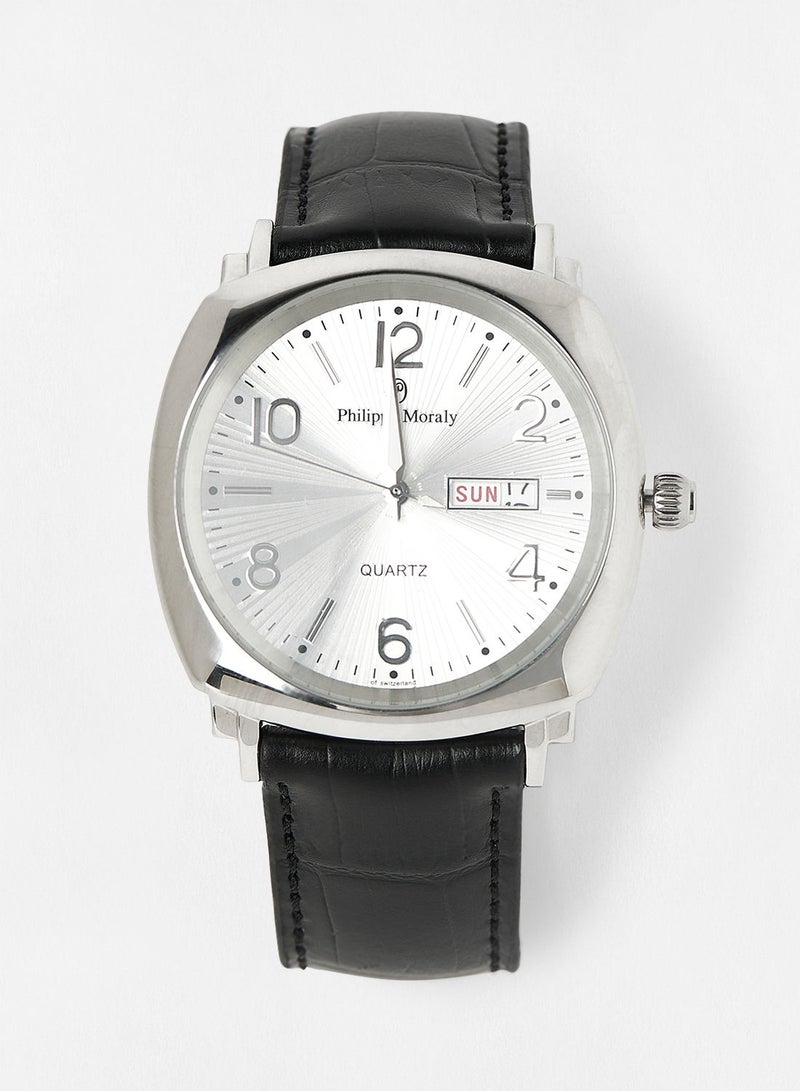 Philippe Moraly ساعة يد تناظرية بحزام جلدي L1157WWB - 42 مم - أسود - Image 1