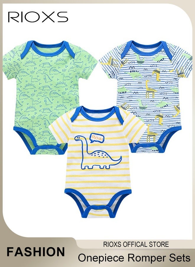 RIOXS Baby Boys Girls Onepiece Romper Sets 3pcs Summer Baby Bodysuit Half Sleeves Romper Sleep Suit Sets for Baby Made from Lightweight Breathable and Soft Cotton Fabric - Image 1