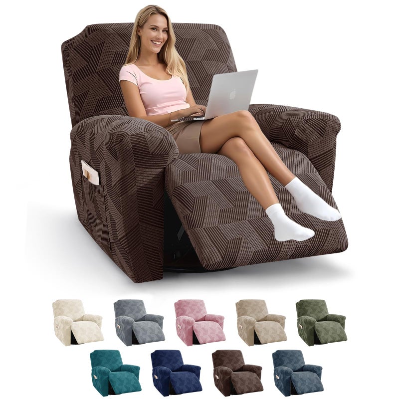 JIVINER أغطية كراسي الاسترخاء JIVINER، 3 قطع أغطية كراسي استرخاء بتصميم هندسي جاكار، أغطية قابلة للتمدد لكراسي الاسترخاء Lazy Boy مع قاعدة مرنة للحيوانات الأليفة والأطفال (مقعد واحد، بني) - Image 1