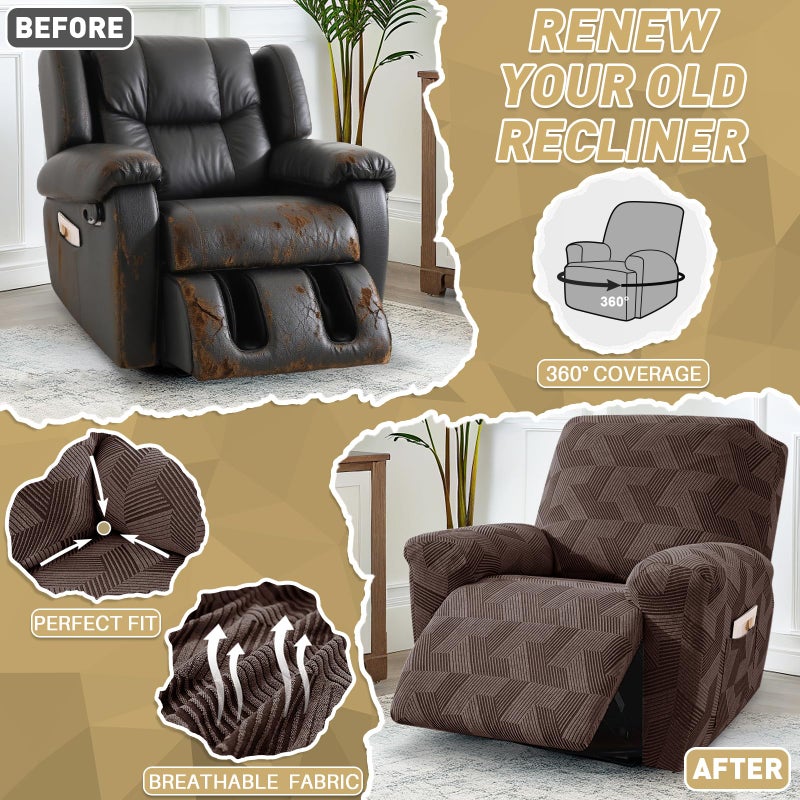 JIVINER أغطية كراسي الاسترخاء JIVINER، 3 قطع أغطية كراسي استرخاء بتصميم هندسي جاكار، أغطية قابلة للتمدد لكراسي الاسترخاء Lazy Boy مع قاعدة مرنة للحيوانات الأليفة والأطفال (مقعد واحد، بني) - Image 5