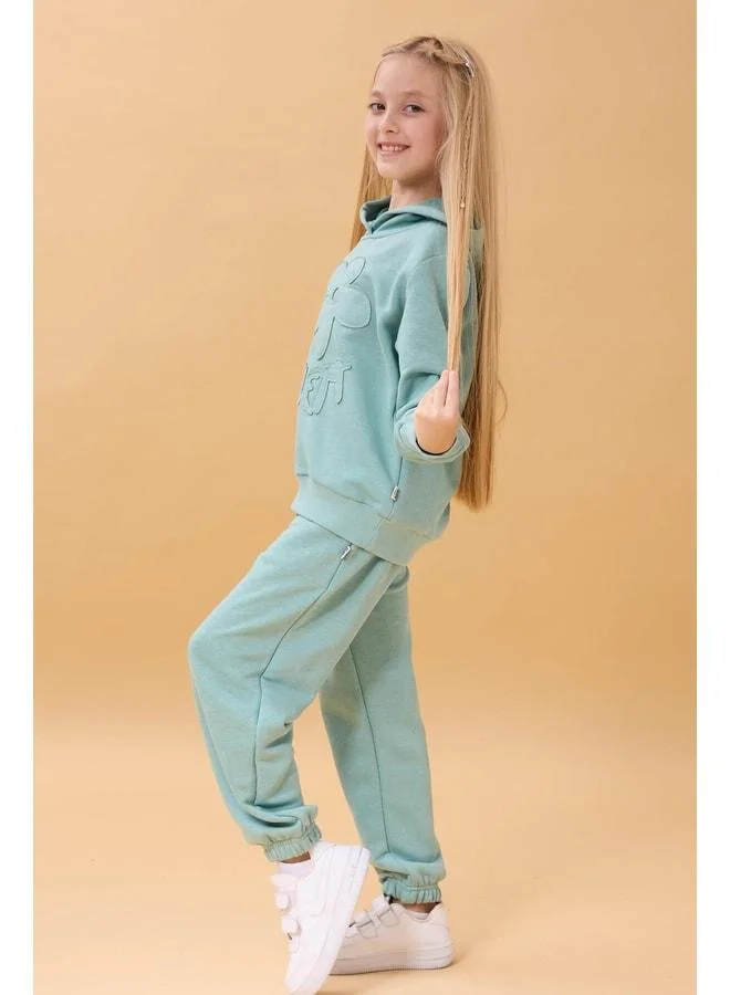 Perendi Girl's Hooded Floral Appliqué Top and Bottom Seasonal Set – Çağla.